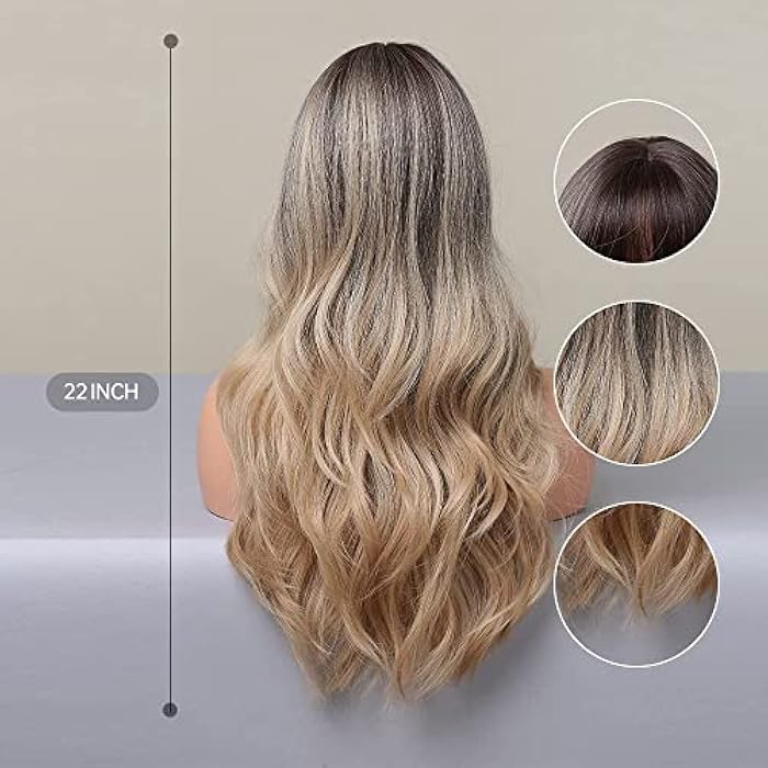 DILLARDS Emmor Long Ombre Gray Blonde Wave Wig With Bangs Dark Roots Curly Wig For Women Synthetic Wig Natural Looking Heat Resistant Fiber Wigs (B09X6Tx5Ym) - Image 4